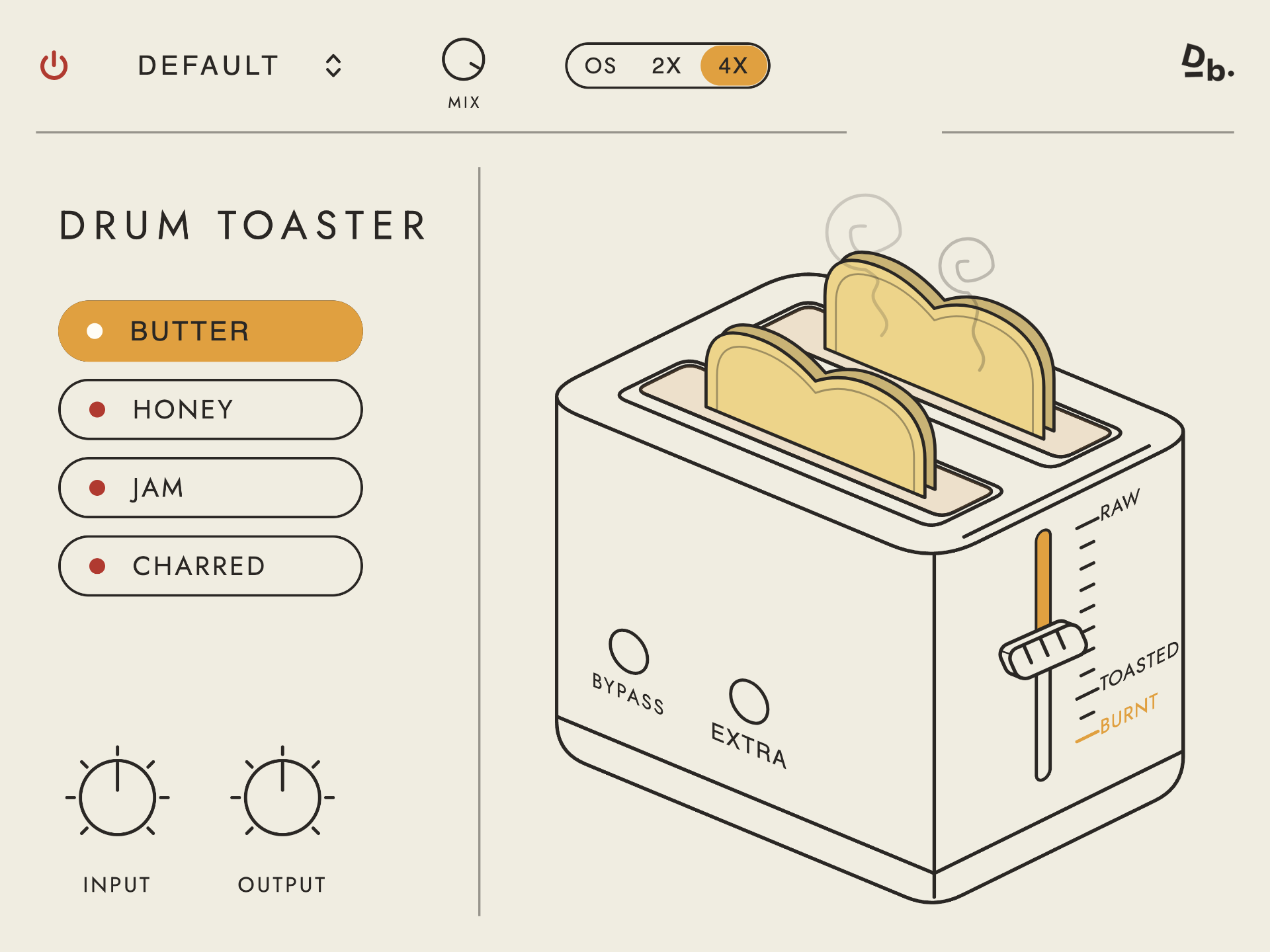 Drum Toaster plugin: four flavor buttons and a toaster with a raw to burnt lever